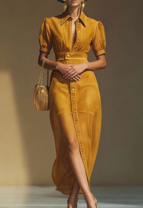 French Retro Bubble Sleeve Waist Cinching Long Skirt