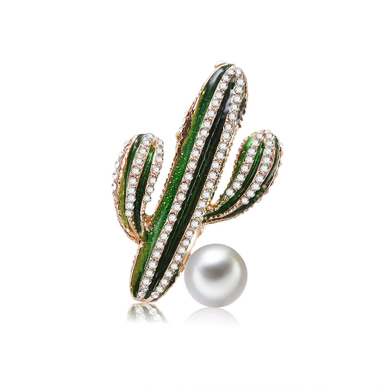 Rhinestone Cactus Pearl Brooch