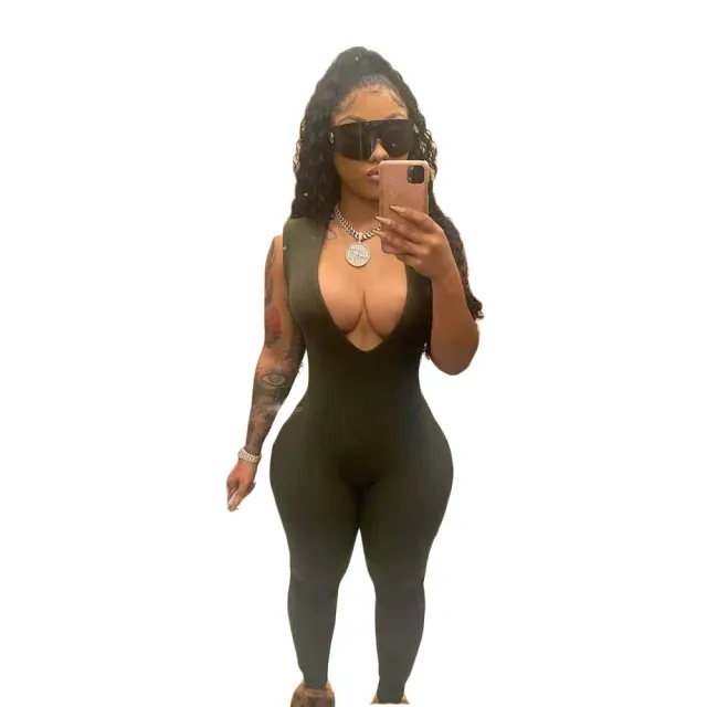 Women's Snake Deep V Neck Sleeveless Slim Jumpsuit Black - Shop at LoveMi