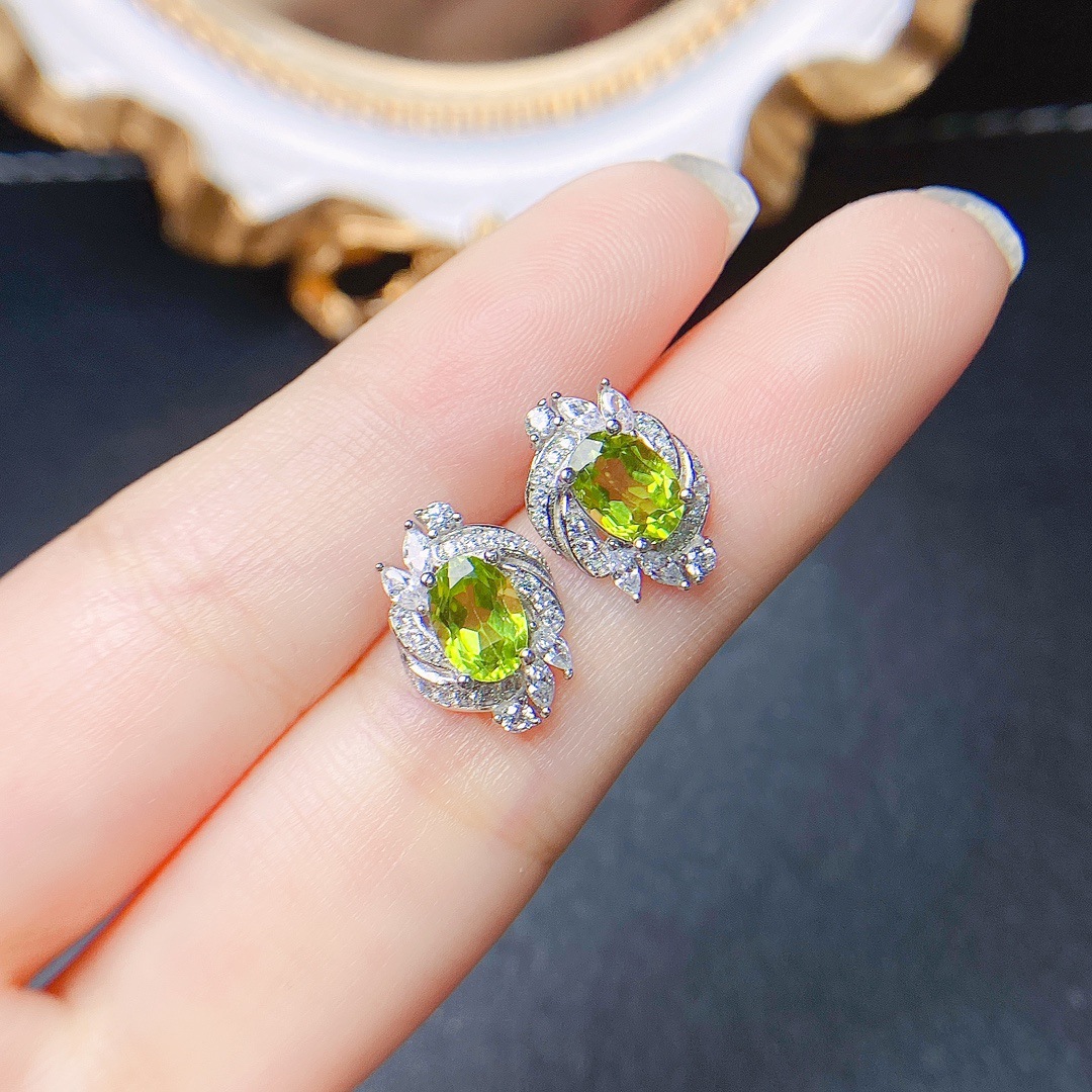 Title 6, Natural Olivine Stud Earrings S925 Silver Inlai...