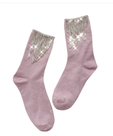 Ladies Fashion Diamond Fringe Bootie Socks Pink Silver Wire - Shop at LoveMi