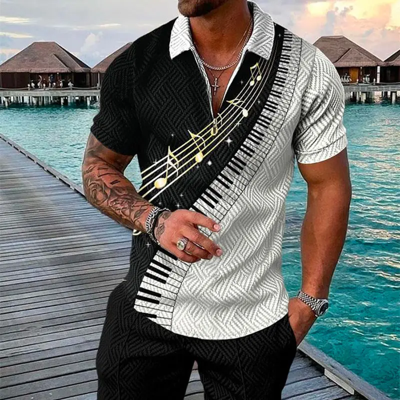 Men's Summer Fashion 3D Printed Short Sleeve Geometric Zip