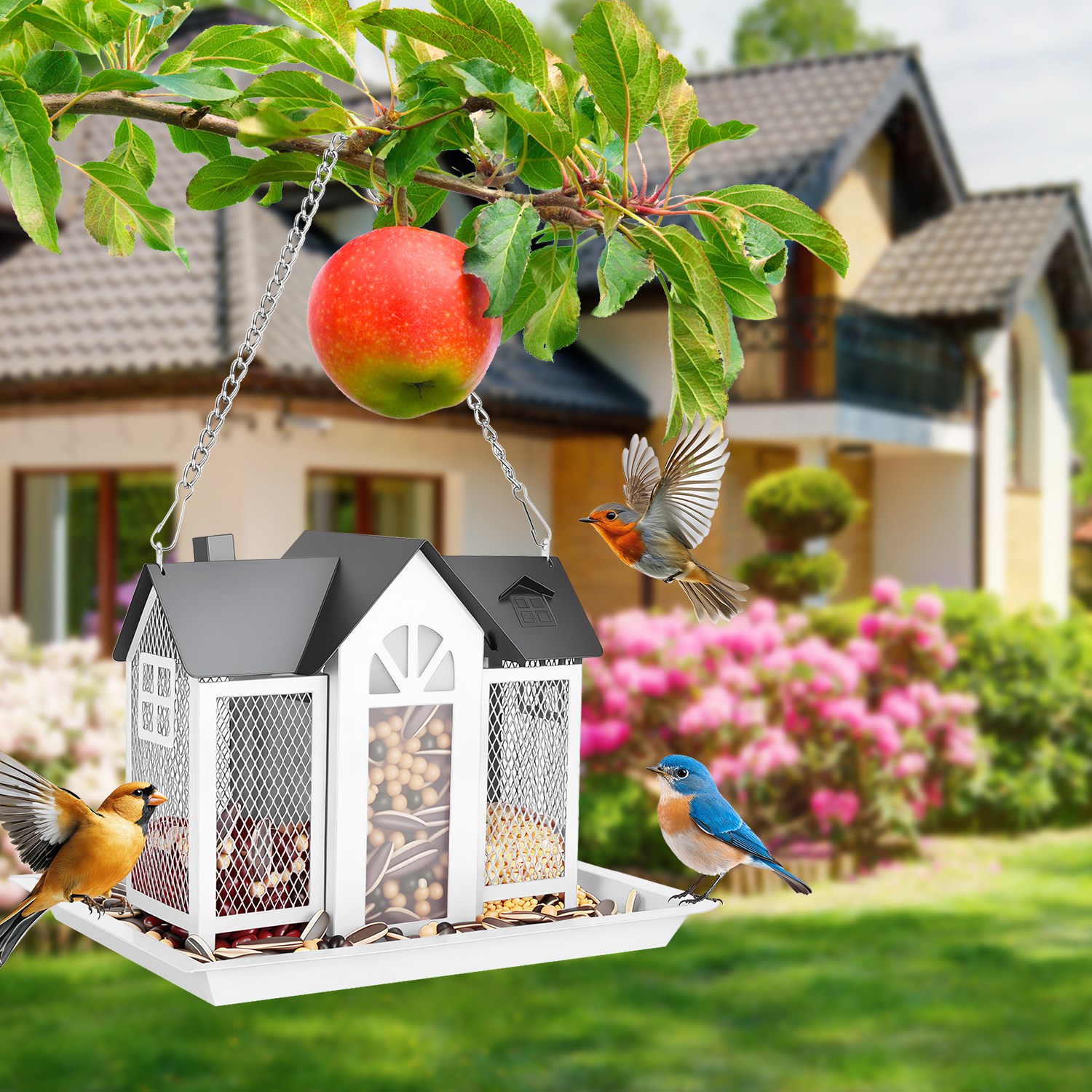 1Pc  Metal Hanging Bird Feeder House Classic Barn Bird Feeder House Iron Hanging Outdoor Feeder With Visible Window And Lift Top Lid 15.75in Hanging Length Wild Birds Garden Yard — foto 11