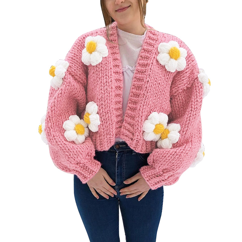 Title 2, Round Neck Lantern Sleeve Knitted Cardigan Sweater