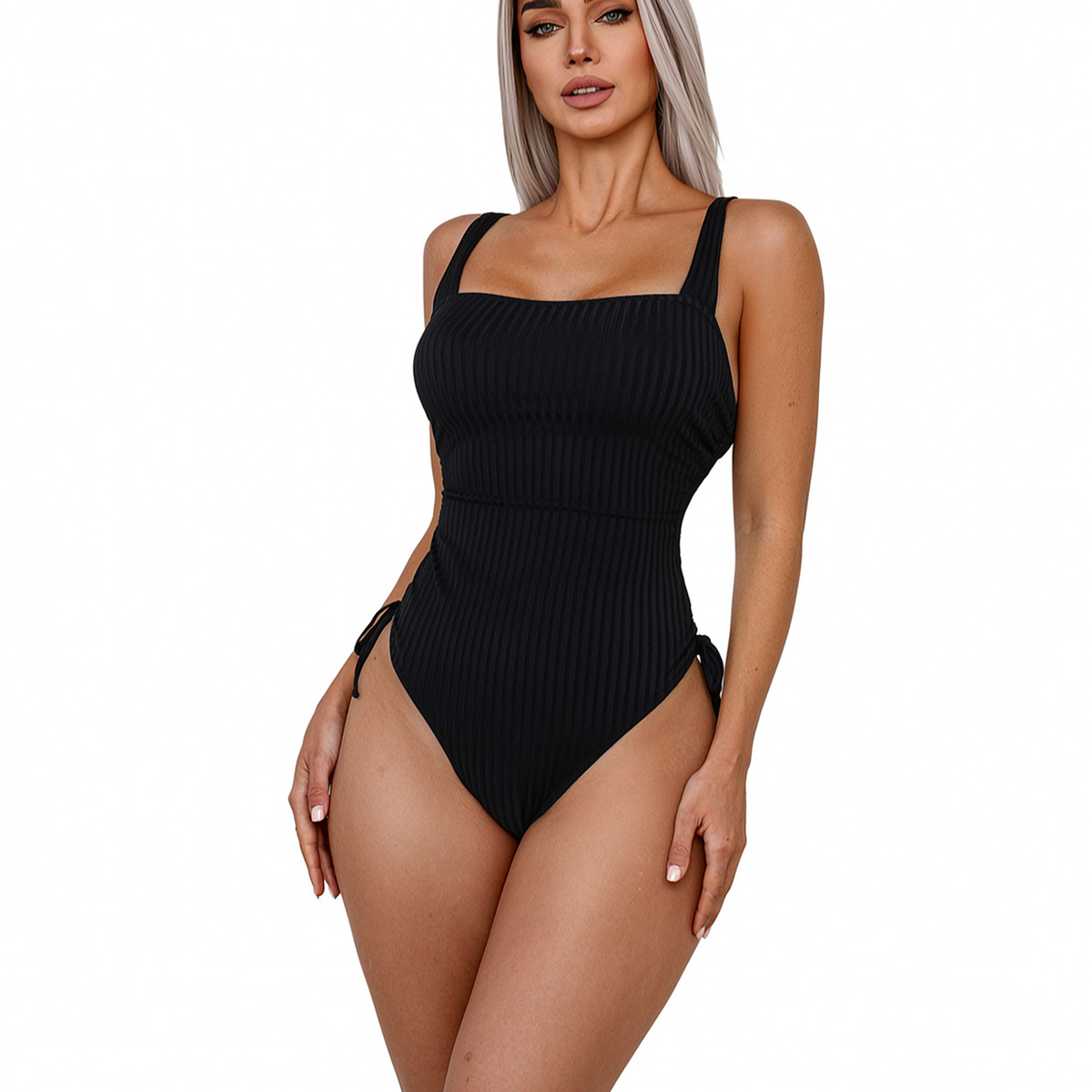 Ribbed Square Neck One Piece Swimsuit For Women, Adjustable Side Tie High Cut Bathing Suit Slimming Black Swimwear — foto 8