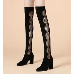 Thick-heeled Hollow Sexy Boots Were Thin And Tall - Black - View 1