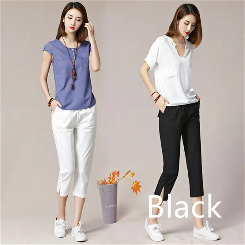 Women's Loose High Waist Casual Pants Linen Cropped Trousers