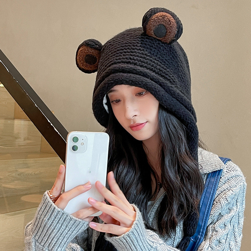 Frog Knitted Warmth Neck One Piece Woolen Hat For Women