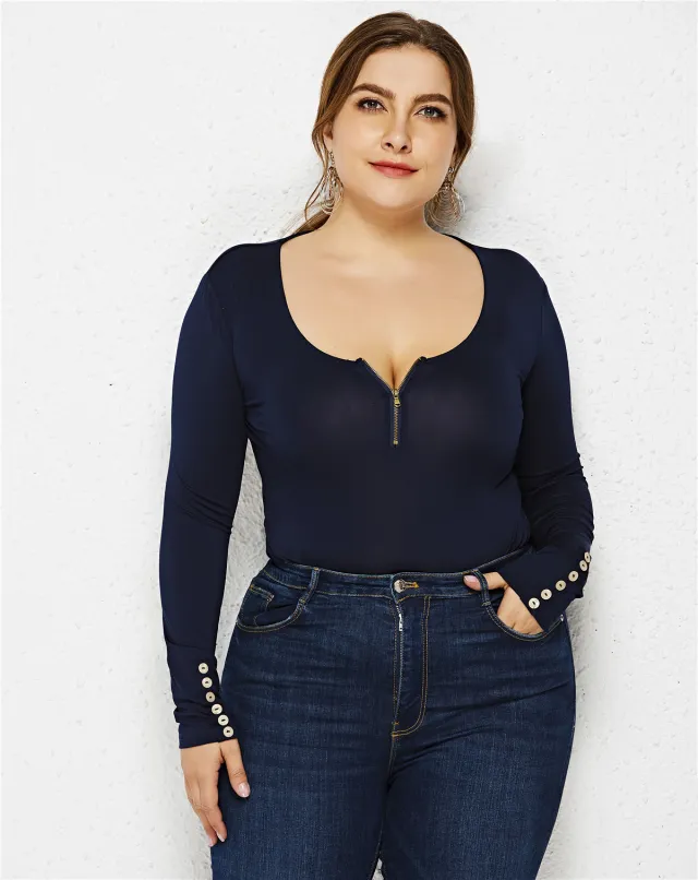 Long Sleeve Round Neck Zipper Bodysuit Fashion Bottoming Shirt Dark Blue - Shop at LoveMi