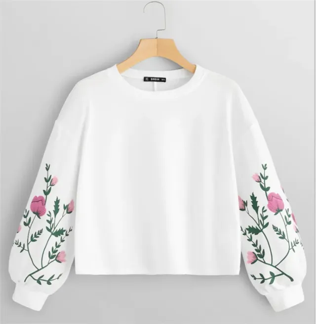 Girls Round Neck Pullover Flower Print Long sleeved Women's Sweater White - Shop at LoveMi