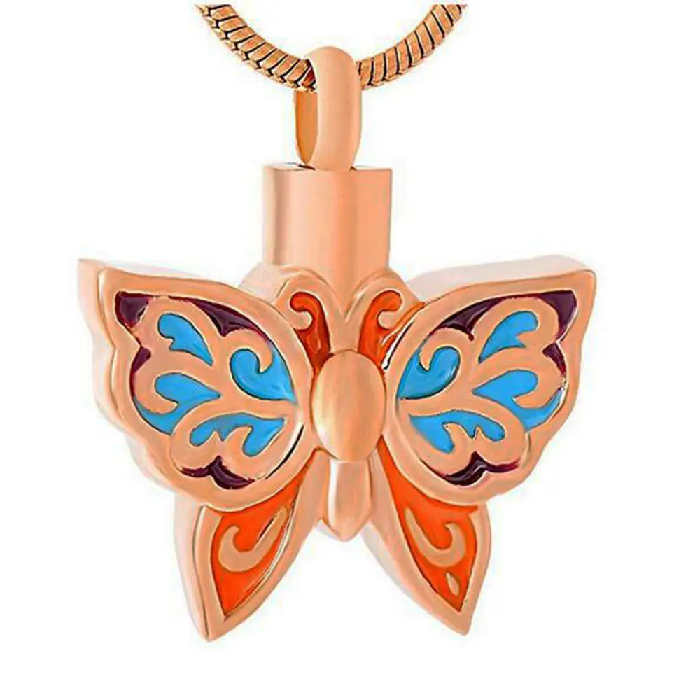 Oil Dripping Colorized Butterfly Stainless Steel Cinerary Casket Pendant