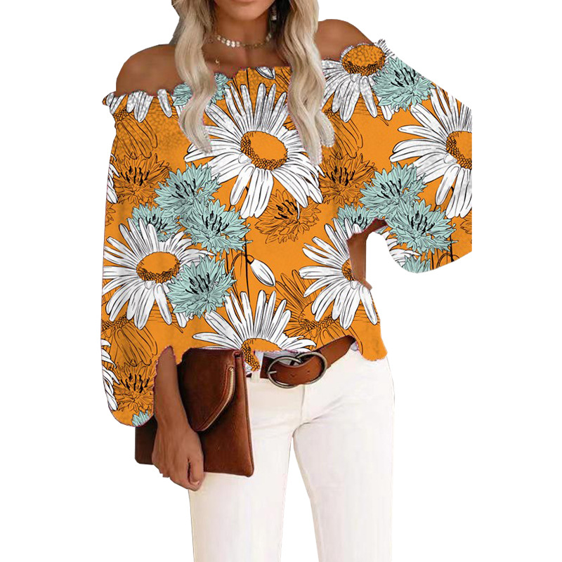 New Lantern Sleeve Loose One-Line Neck Off-the-Shoulder Long Sleeve Top