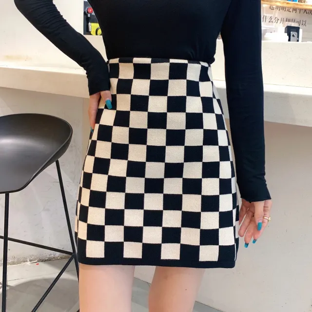 High waist Skirt Women's Plaid Knitted Black - Shop at LoveMi