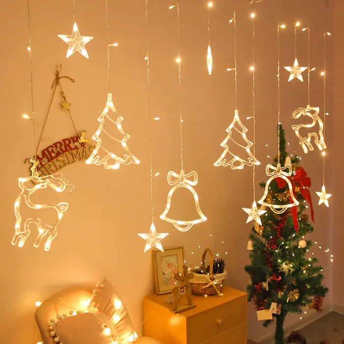 LED Curtain String Lights 3.5 m, Christmas Star, Bell and Reindeer Window Lights (110V US Plug) - detail photo 5