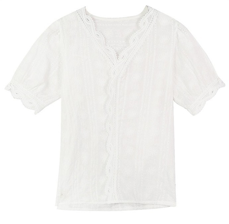 V-neck Lace Lantern Sleeve White Foreign Style Shirt