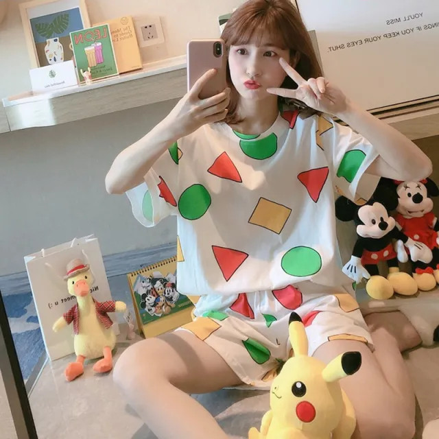 Two piece Pajamas Short sleeved Cute Cartoon Home Service Suit White - Shop at LoveMi