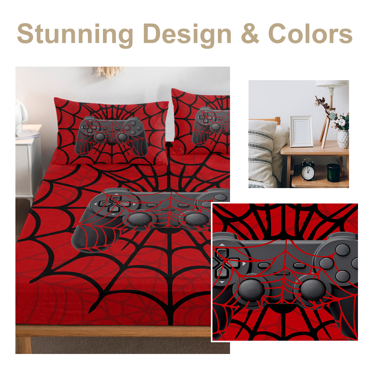 3PCS Gamer Bed Fitted Sheet Set, Red Bedding Set, Spider Web,1 Fitted Sheet, 2 Pillow Cases