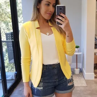 Small Suit Long Sleeve Solid Color Cardigan Coat Top - Yellow