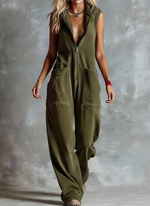 Hooded Sleeveless Zipper Loose Wide-leg Jumpsuit