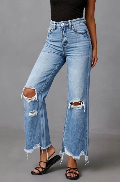 Pantalon court en jean déchiré à jambes larges Femme Taille haute Ourlet brut usé Pantalon US Ready Stock