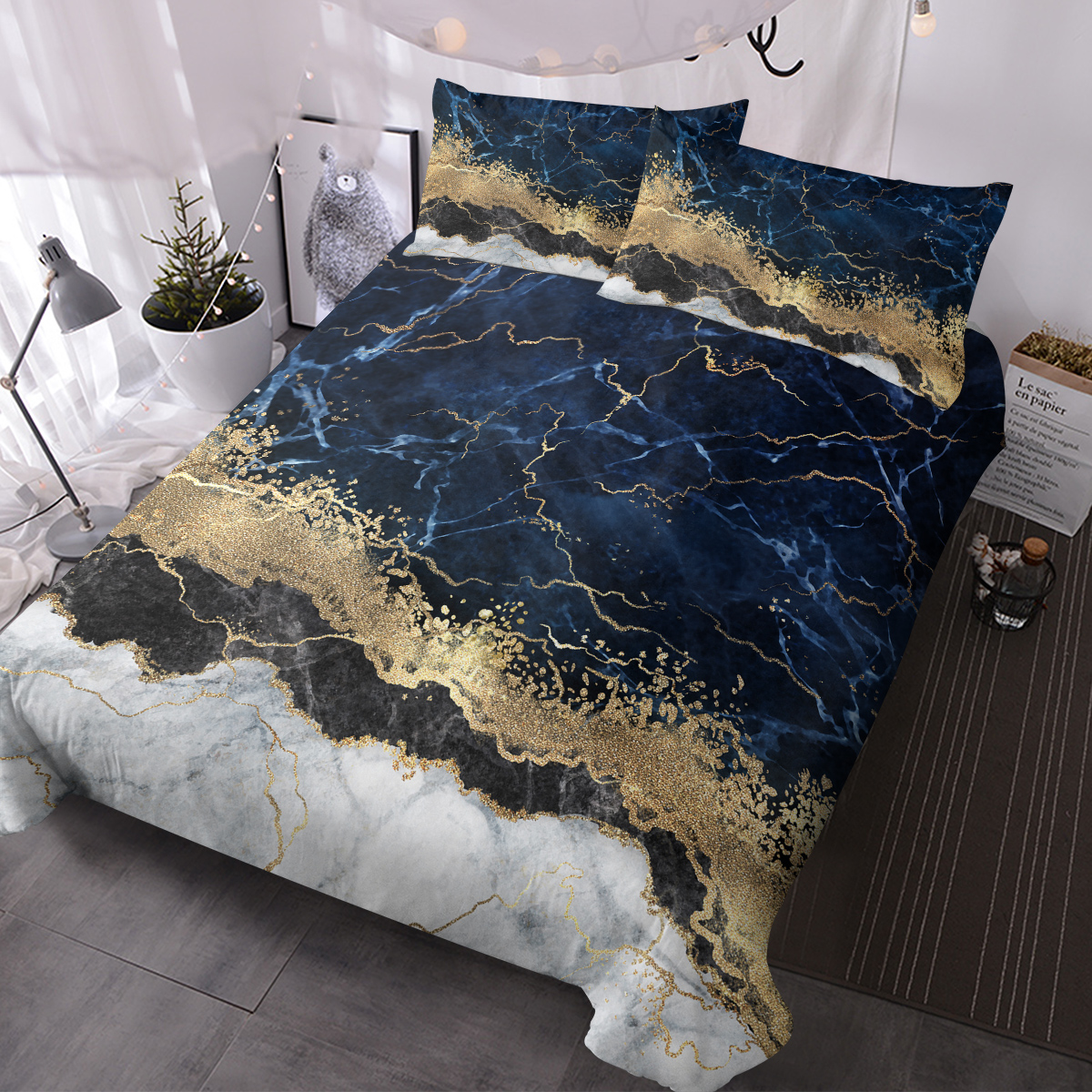 Chic Marble Bedding White Marble Gilded Navy Blue Duvet Cover Set Trendy Printed Design Bed Quilt Cover Set King 1 Duvet Cover 2 Pillowcases — foto 9