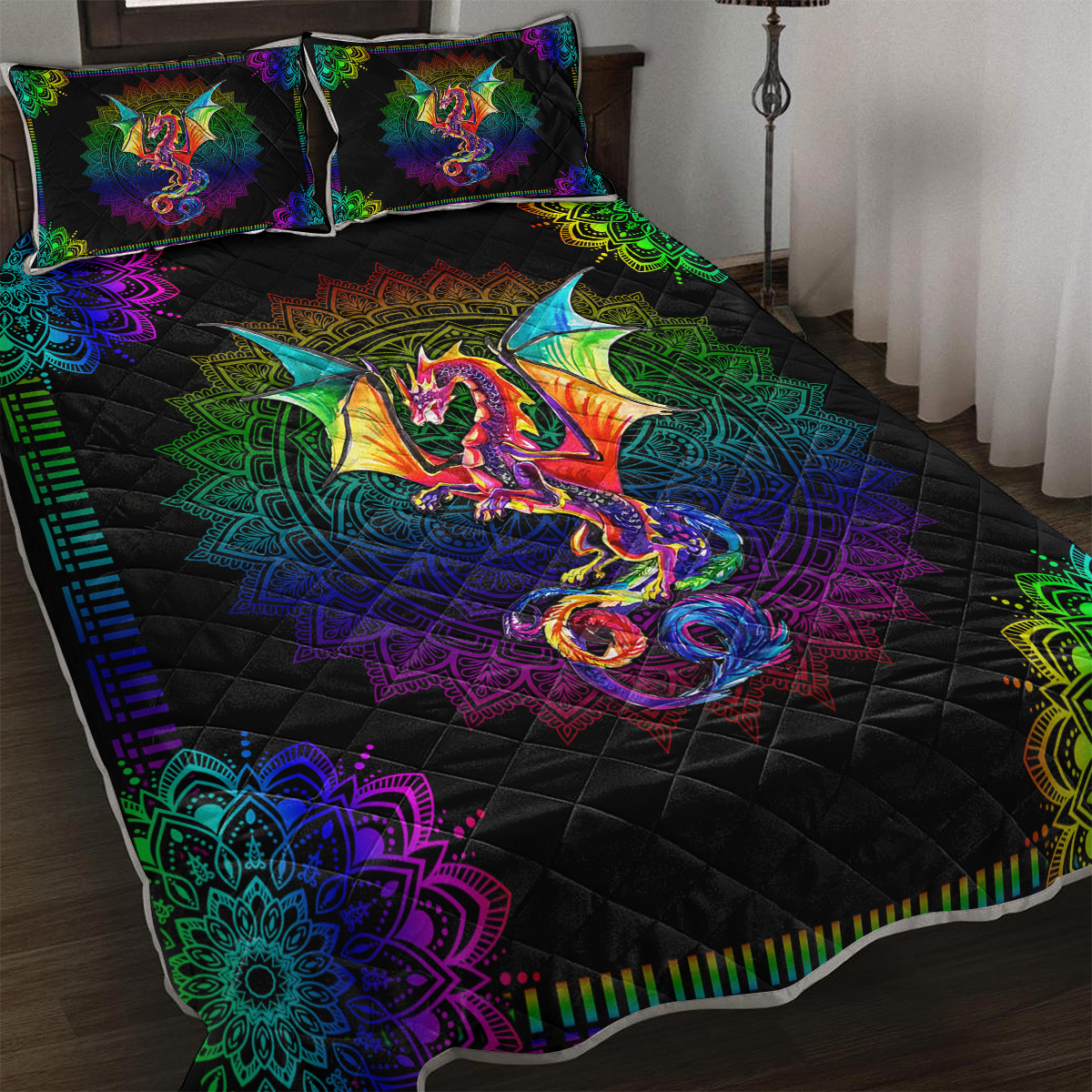 Color Mandala Dragon Pattern Quilt Set Microfiber Soft Lightweight Portable Bedding Set, 1 Quilt With 2 Pillowcases