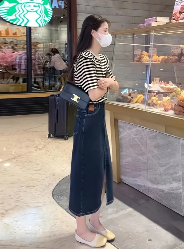 High Waist Split Denim Skirt Women's Spring And Summer Mid length Hip covering A line Hip Skirt Blue - Shop at LoveMi