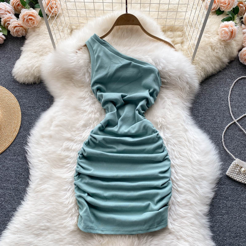 Women's Slanted Shoulder Tube Top Pleated Solid Color Dress - 4