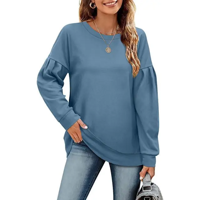 Women's Solid Color Sweatshirt With Round Neck Stitching Blue - Shop at LoveMi