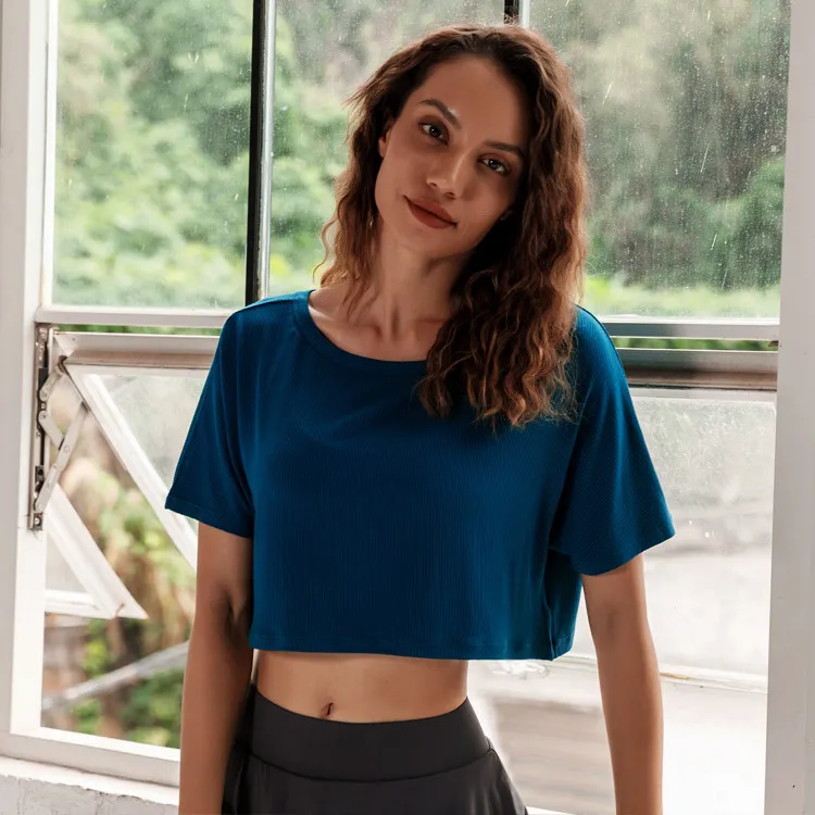 Top Women's Breathable Quick-drying T-shirt Short-sleeved Yoga Clothes - Haze Blue