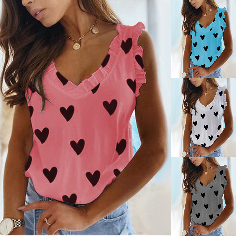Ladies Fashion Heart Print V Neck Ruffle