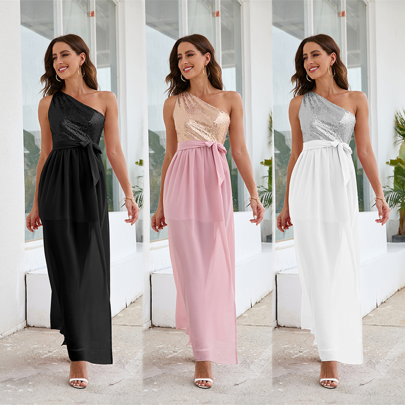 Hot Belt Chiffon Dress Long Slanted Shoulder Sequins