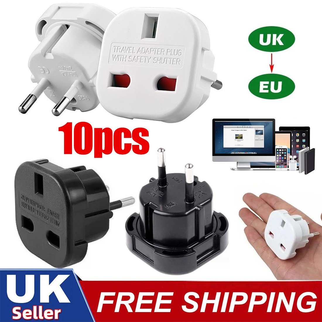 10PCS UK To EU Euro Europe European Travel Adaptor Plug 2 Pin Adapter--white — image 11
