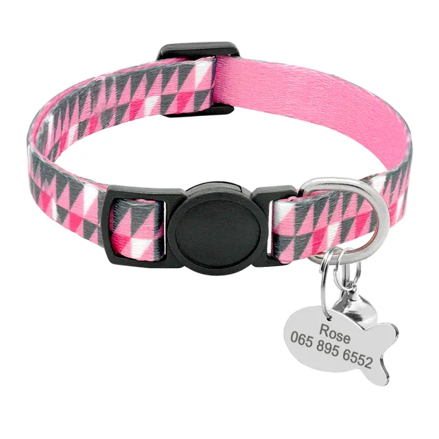 Cat Lettering Bell Collar Anti lost Tag Grid Pink - Shop at LoveMi