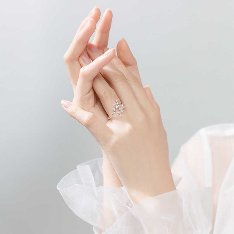S925 Silver Ring Korean Version Of Small  Wild Temperament Diamond Leaf
