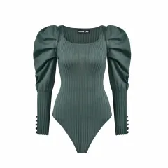 Square Neck Puff Sleeve Knitted Jumper - Green - View 1