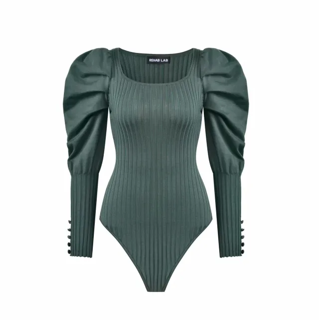 Square Neck Puff Sleeve Knitted Jumper Green - Shop at LoveMi