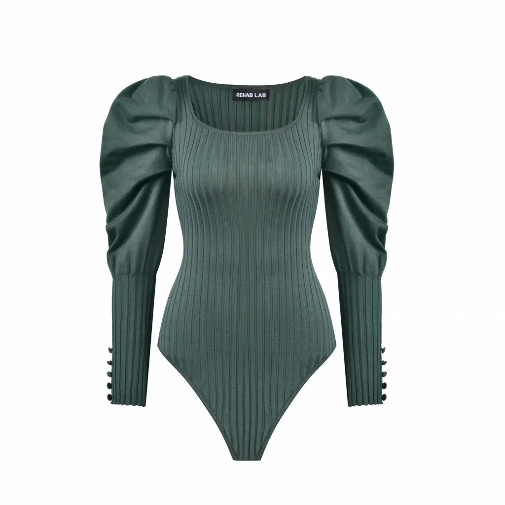 Square Neck Puff Sleeve Knitted Jumper - Green
