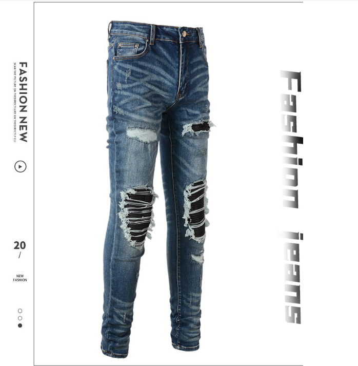 Title 5, Mens pleated jeans with knee PU leather patchw...