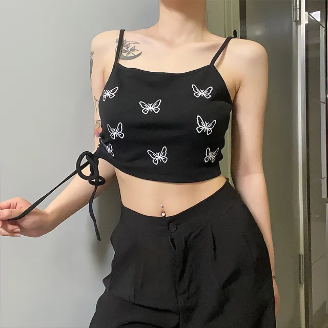 Style New Butterfly Print Umbilical Strap Drawstring Bottoming Top Black - Shop at LoveMi