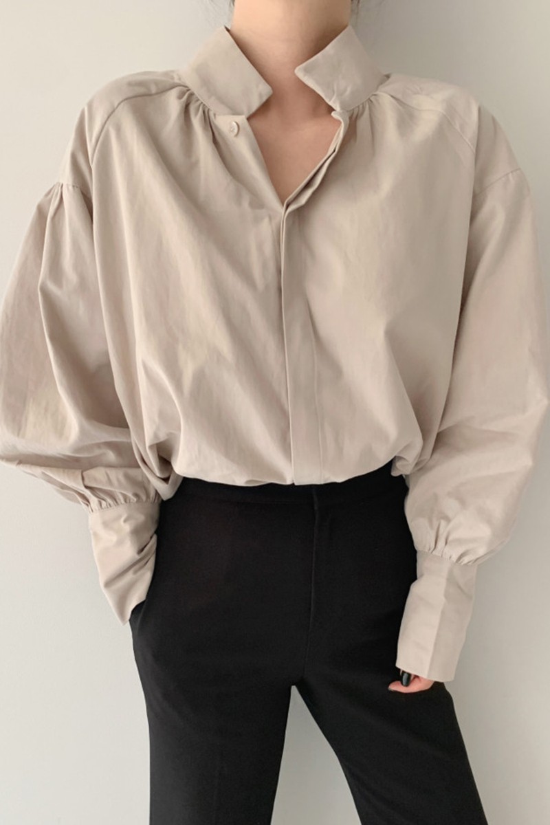 Title 2, Stand-up Collar Loose Casual Puff Sleeve Shirt