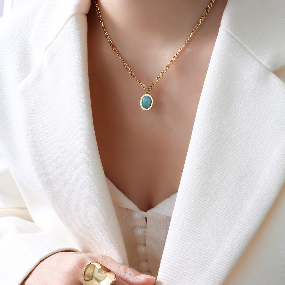 French Light Luxury Gold Plated Titanium Steel Necklace For Women Natural Amazonite Pendant Clavicle Chain Party Jewelry