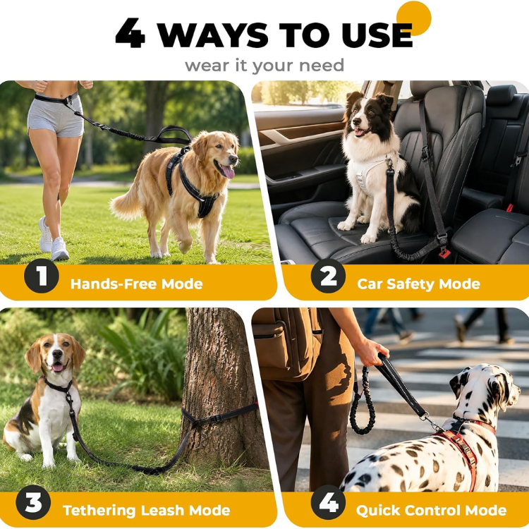 4 In 1 Hands Free Dog Leash With Car Seatbelt Buckle, Shock Absorbing Bungee Dog Waist Leash Belt For Running Walking Hiking, Dual Handles & Reflective, Adjustable For Small Medium Large Dogs