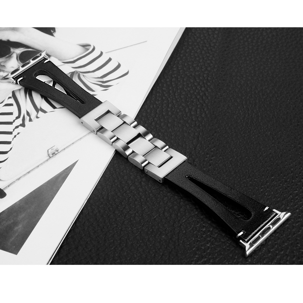 IwatchSE Metal Stainless Steel Chain Leather Strap