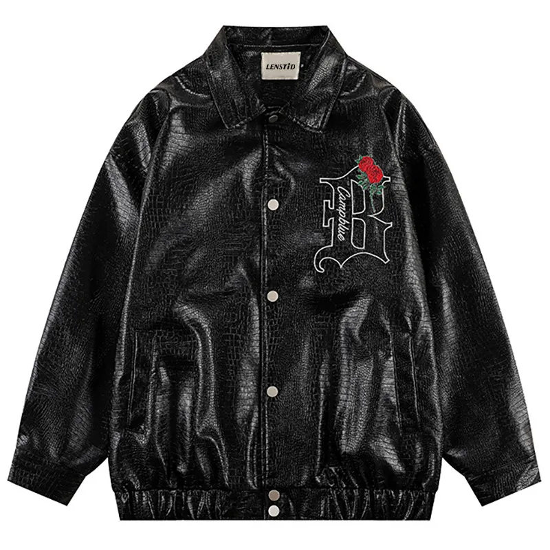 Rose Embroidered PU Leather Statement Jacket - Black