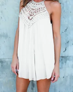 Lace Stitching Sleeveless Round Neck T-shirt Casual Top - White - View 1