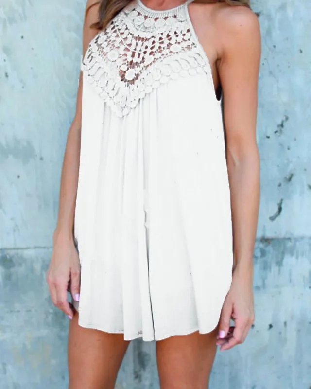 Lace Stitching Sleeveless Round Neck T shirt Casual Top White - Shop at LoveMi