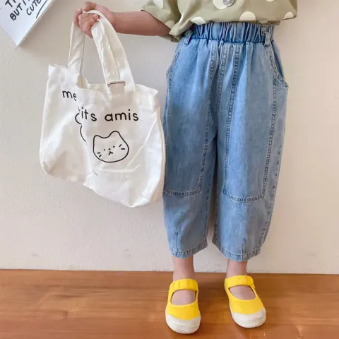 Girls Retro Denim Wide-leg Pants Baby Loose Thin Stitching