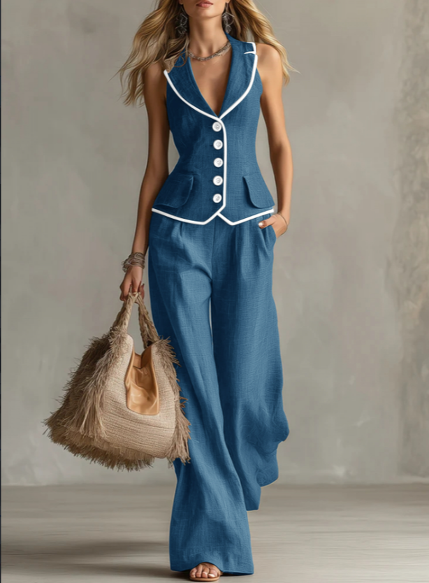 Contrast Trim Linen Vest Set