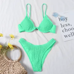 Ladies Bikini Ruched Craft Nylon Swimsuit - Green - View 1